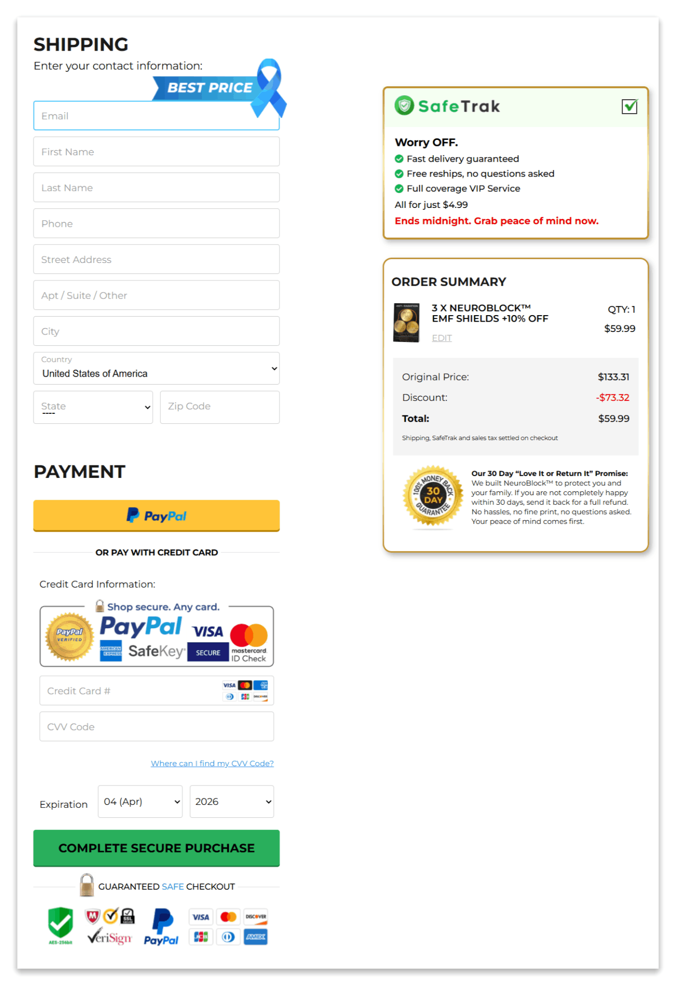 NeuroBlock secure checkout page